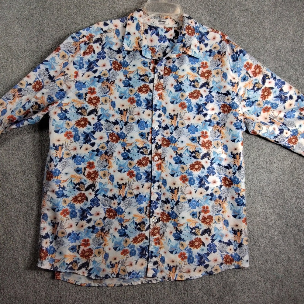 Coofandy Button Down Shirt Mens XL Hawaiian Floral Blue Long Sleeve Good